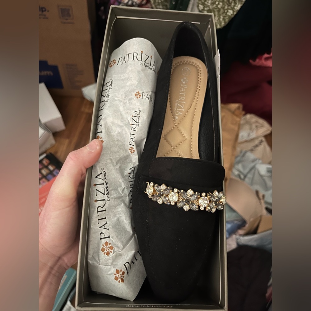 Patrizia by Spring Step Black Loafers Rhinestone Bling Flowers